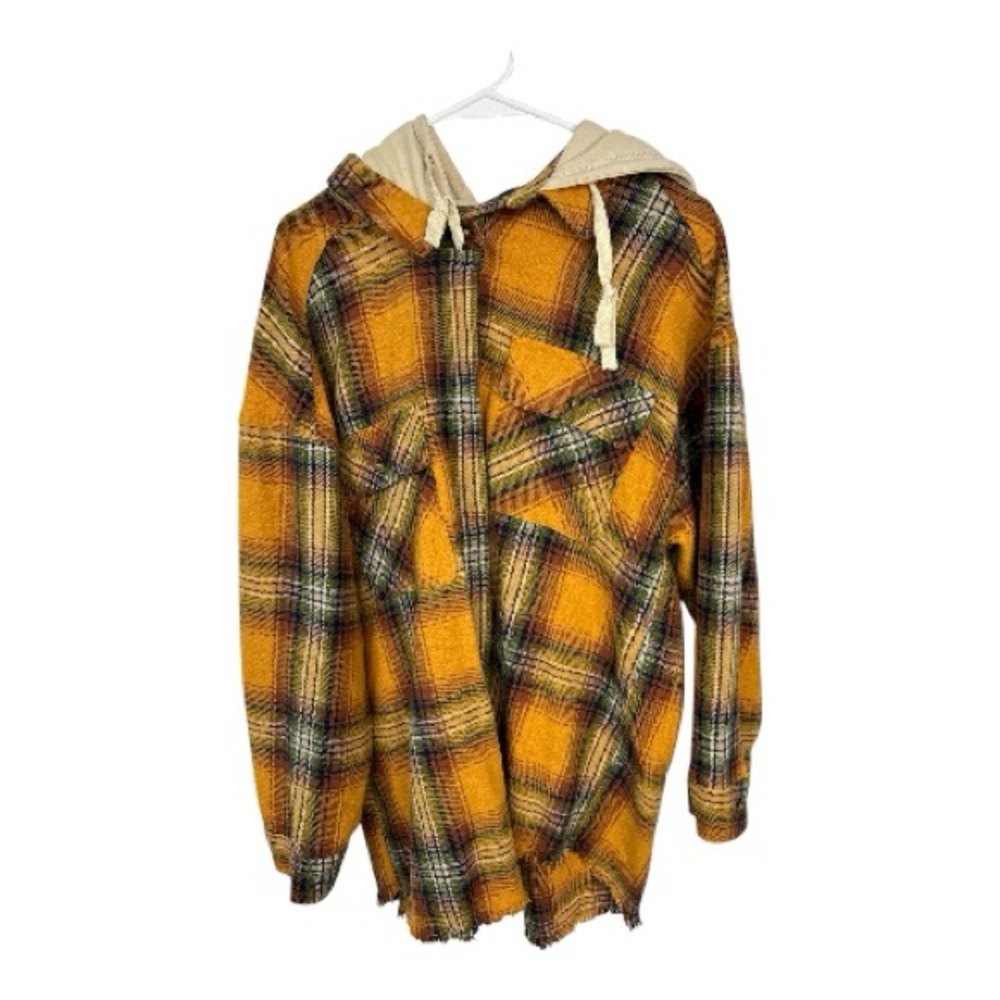 New In Women’s Orange Plaid Hooded Distressed Shacket with Pockets Size L